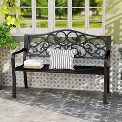 Gymax 2-person Metal Bench w/ Floral Pattern Slanted Backrest Slatted