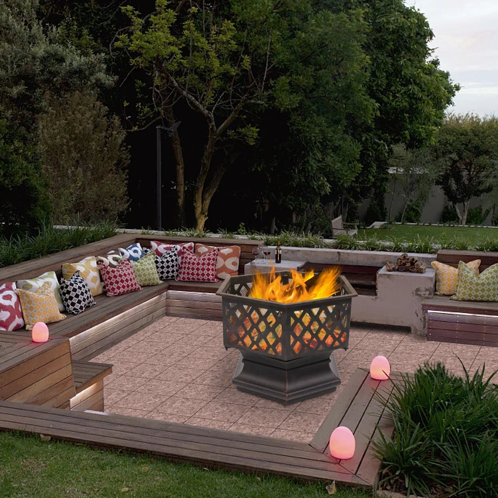 22" Outdoor Hexagonal Shaped Iron Brazier Wood Burning Fire Pit