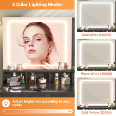 Makeup Vanity Desk with Drawers and Adjustable Lighting Mirror, Vanity Table with Charging Station and Shelves