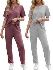 Ekouaer 2 Pack Womens Ribbed Knit Lounge Set Short Sleeve Loungewear Henly Neck Top and Pants Sleepwear Pajama with Pockets