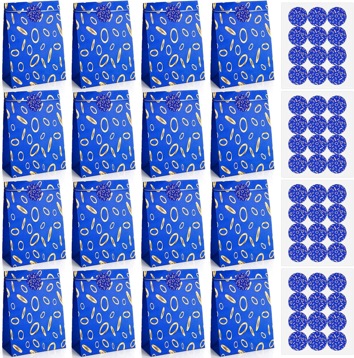 Kosiz 48 Pcs Gold Ring Party Favor Bags Bulk Paper Goodie Bags with Sealing Stickers Blue and Gold Video Game Birthday Decor for Candy Treat Snacks Party Favors, 8.3 x 6 Inches