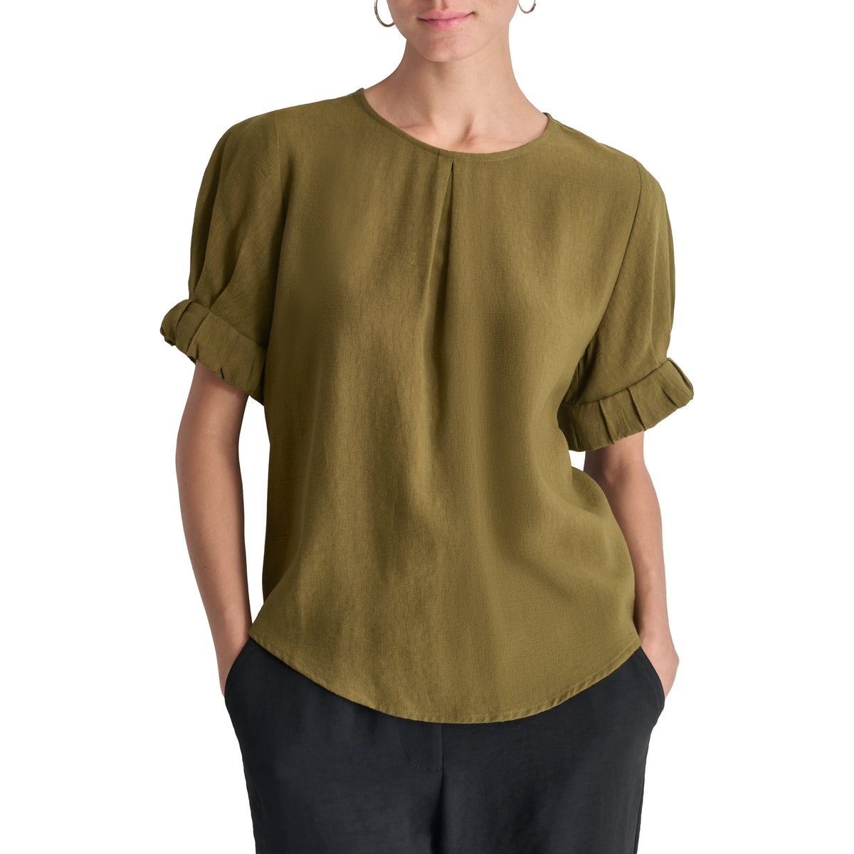 DKNY Roll-Sleeve Crinkle Crewneck Top