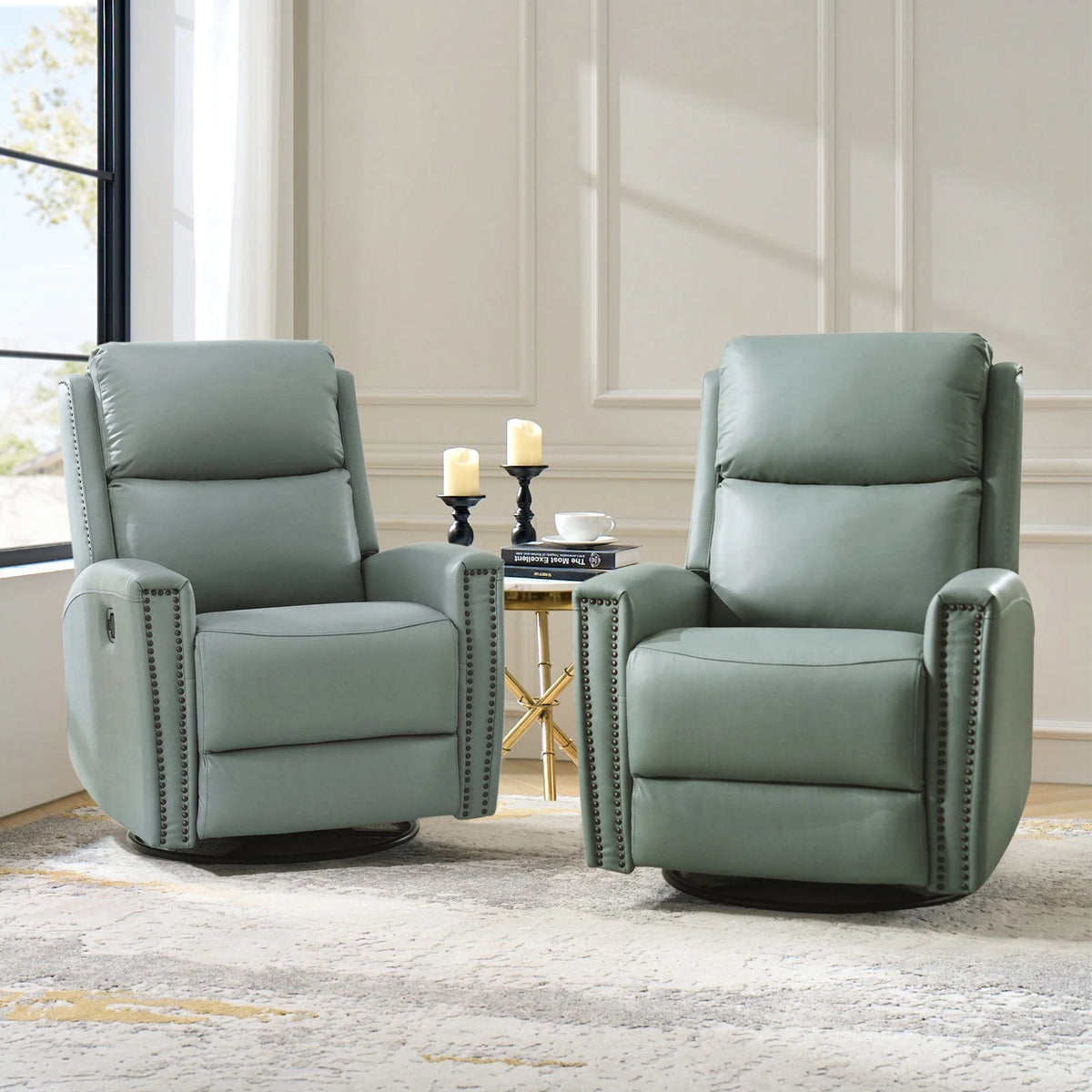 Fiacro 30.31"Wide Mid-Century Modern Genuine Leather Wingback Swivel Rocker Recliner with Nailhead Trims, Set of 2