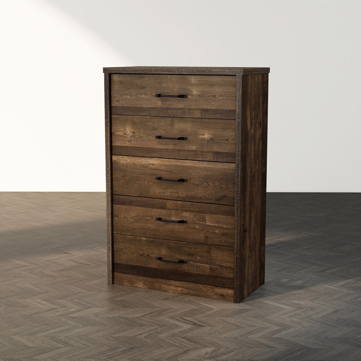 Greer Rustic Walnut and Black Bar 5-Drawer Chest by Furniture of America