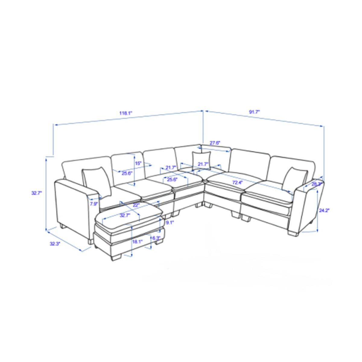 Modern U-Shaped 6-seat Corduroy Modular Sectional Sofa with 1 Ottoman