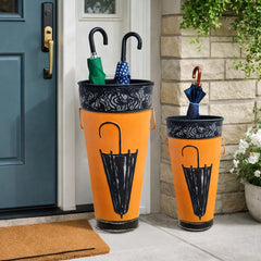 21, 16 Inch Metal Umbrella Stands, Engraved Artwork, Set of 2, Antique Brown, Black