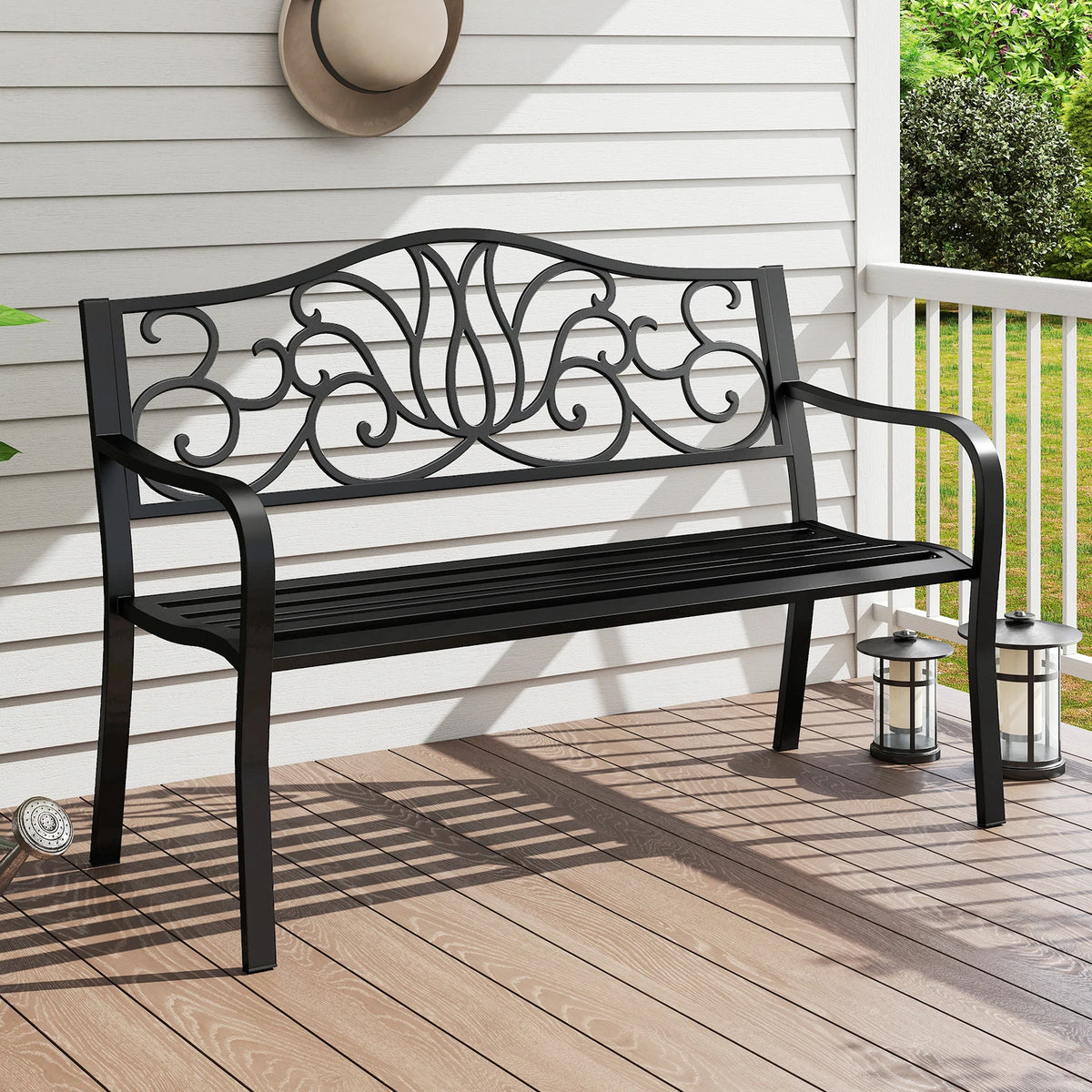 Gymax 2-person Metal Bench w/ Floral Pattern Slanted Backrest Slatted
