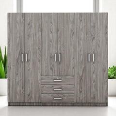Modern 6-Door Wooden Wardrobe Armoire with Shelves, Drawers, and Locking Storage for Bedroom Use