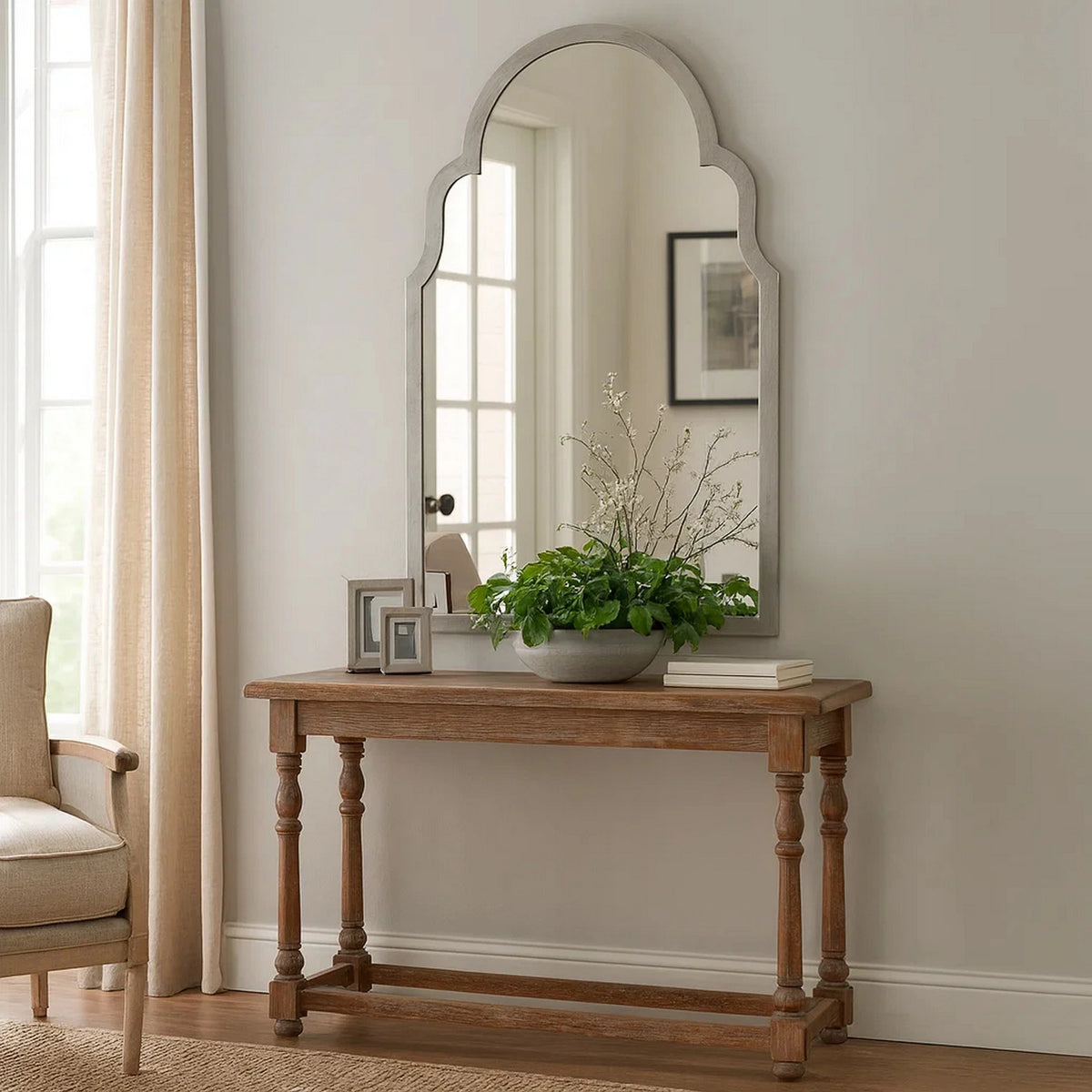 Sleek Elongated Quatrefoil Frame Mirror, Silver