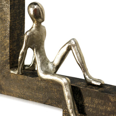 Ashaa - Waiting Windows - Natural Stained Wood Wall Sculpture with Painted Pewter Sitting Figurines