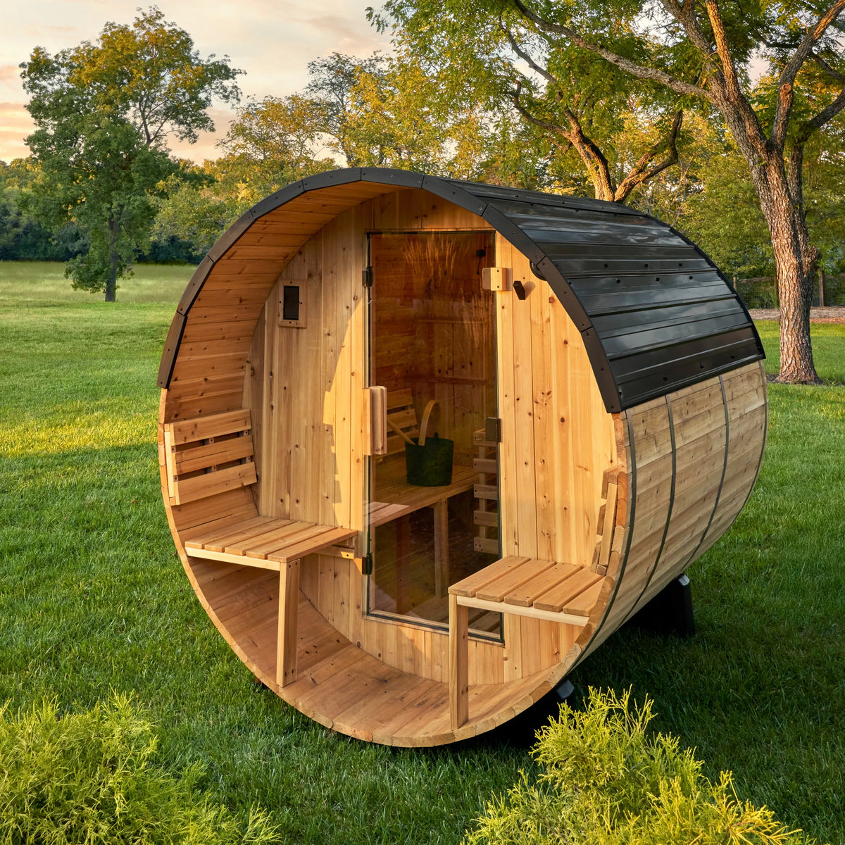 Backyard Discovery Paxton 2-4 Person Outdoor Barrel Sauna, Porch