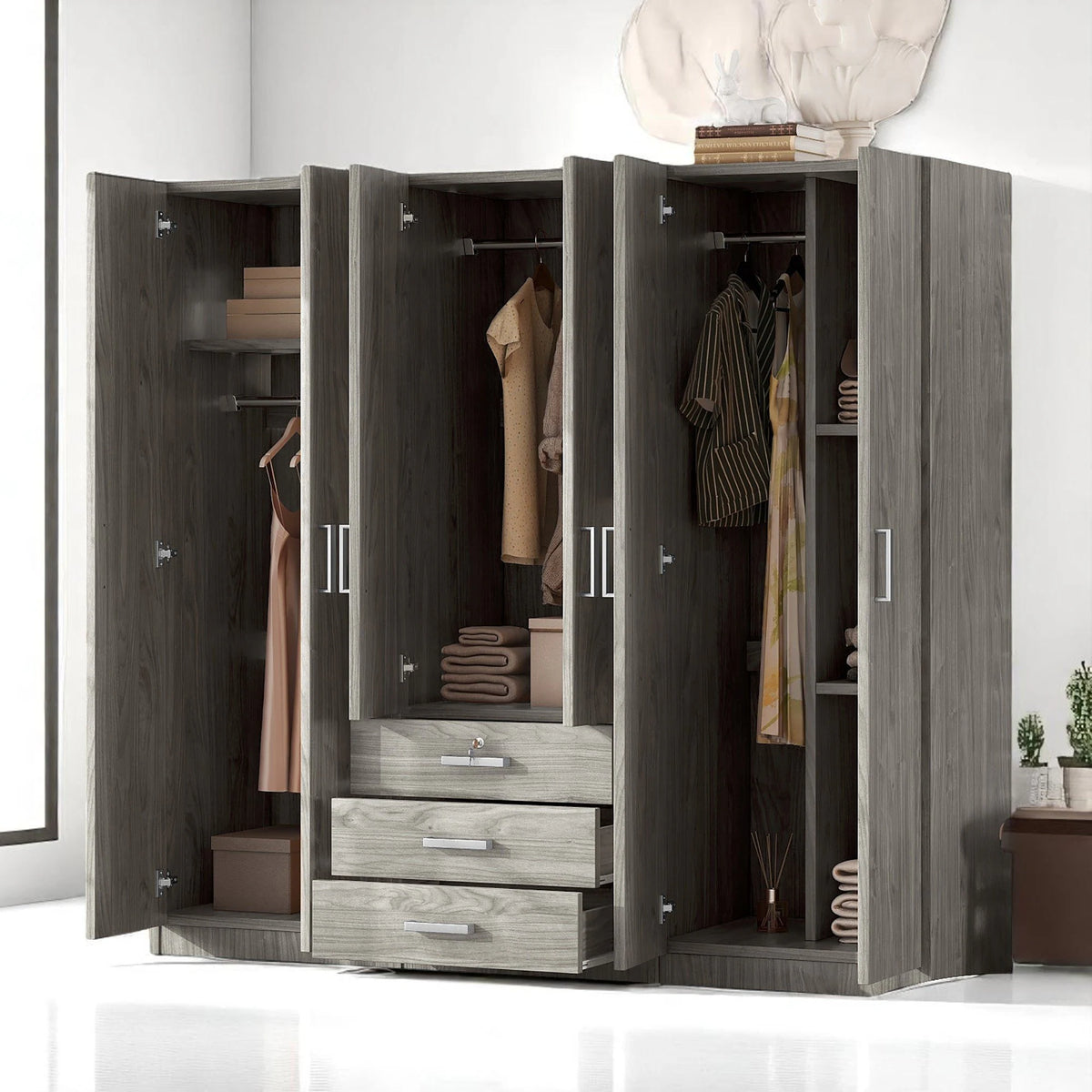 Modern 6-Door Wooden Wardrobe Armoire with Shelves, Drawers, and Locking Storage for Bedroom Use