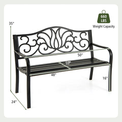 Gymax 2-person Metal Bench w/ Floral Pattern Slanted Backrest Slatted