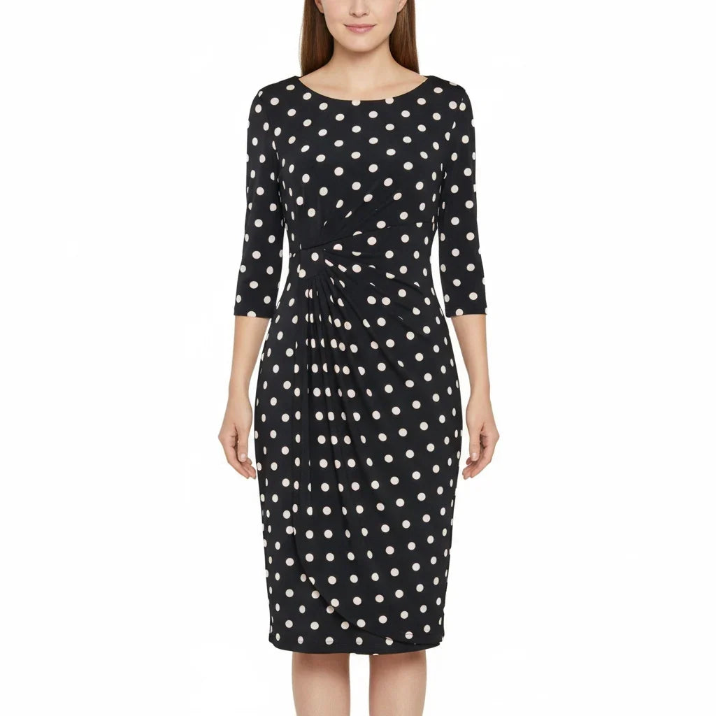 Connected Apparel Polka Dot Faux Wrap Midi Dress