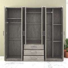 Modern 6-Door Wooden Wardrobe Armoire with Shelves, Drawers, and Locking Storage for Bedroom Use